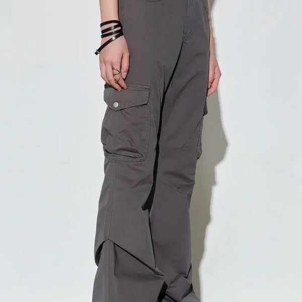 [BUNJANG] Helene Paris Flowing Pleats Pigment Bootcut Cargo Pants Grey / 헬레네파리스 플로잉 플리츠 피그먼트 부츠컷 카고팬츠 그레이