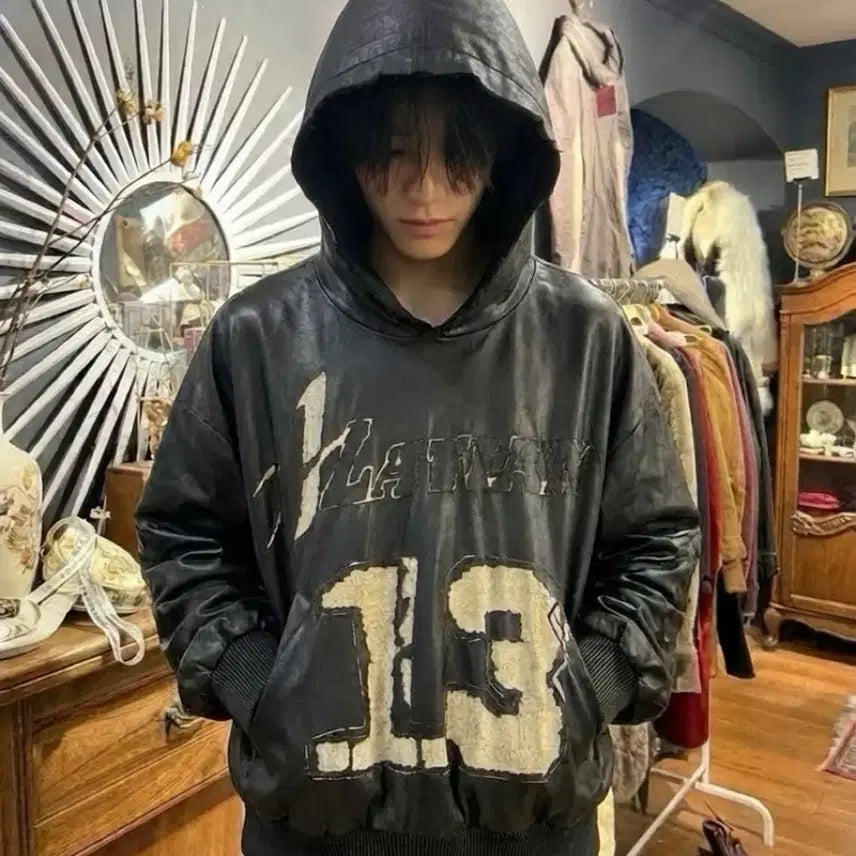 [BUNJANG] ALA TIANAN Distressed Vegan Leather Hoodie Black XL / ALA TIANAN 디스트레드 비건 가죽 후디 블랙