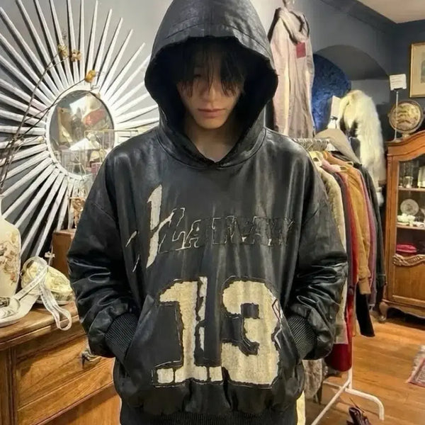 [BUNJANG] ALA TIANAN Distressed Vegan Leather Hoodie Black XL / ALA TIANAN 디스트레드 비건 가죽 후디 블랙