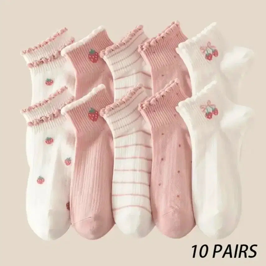 [BUNJANG] Strawberry Pattern Frill Socks - 10 Pair Set / 딸기 패턴 프릴 양말 10켤레