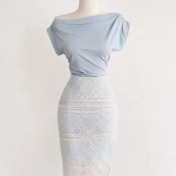 [BUNJANG] Shirring Off-Shoulder Top and Skirt Set / 여름 데이트룩, 하객룩, 피로연룩,오피스룩 세트 /가오리 오프숄더 셔링티