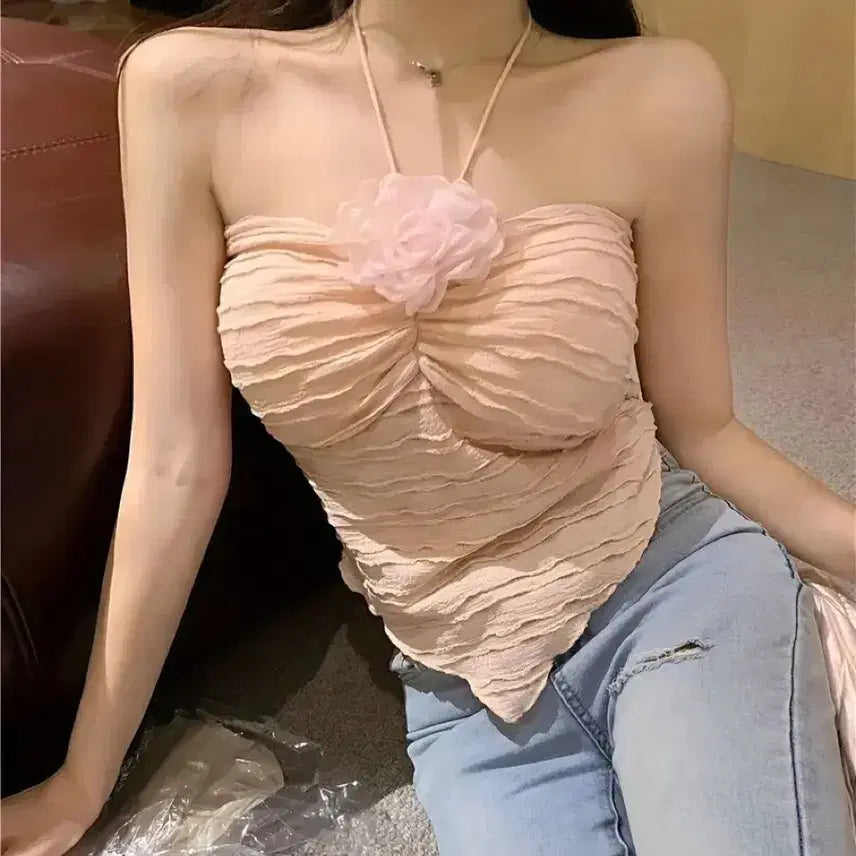 [BUNJANG] Women's Halterneck Sleeveless Top with Flower Embellishment / 새상품) 플라워 장식 여성 홀터넥 민소매 탑