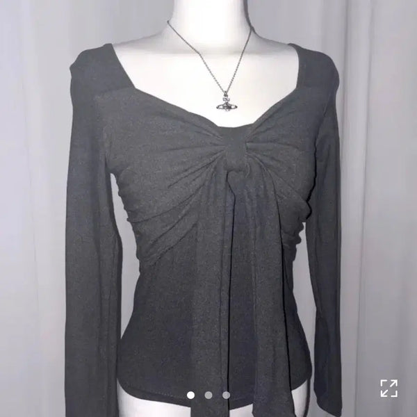 [BUNJANG] Ablley Ribbon Gray Long-Sleeve T-Shirt / 에이블리 리본 회색 긴팔 티