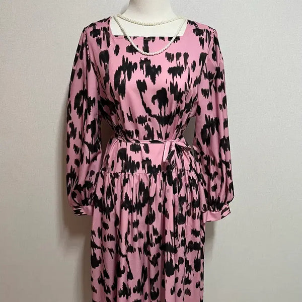 [BUNJANG] Women's Long Dress Pink Black Leopard Print / 롱 원피스 핑크 블랙 호피 패턴