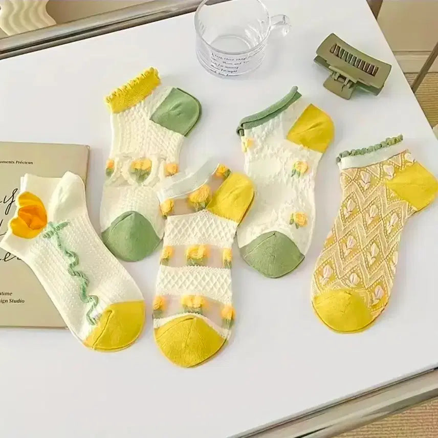 [BUNJANG] Flower Pattern Socks Set (5 Pairs) / 플라워 패턴 양말 5종 세트