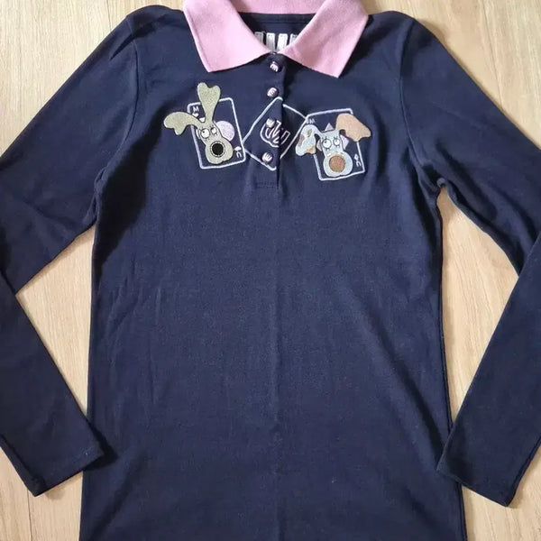 [BUNJANG] Navy Collar T-Shirt with Pink Accents and Dog Embroidery / 카라티 핑크 배색 골프티셔츠 (새거)