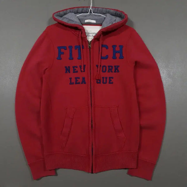 [BUNJANG] Abercrombie & Fitch Peach Big Logo Embroidered Fleece Hoodie Jacket Burgundy Red S / 아베크롬비 피치 빅로고 자수 기모 후드집업 자켓 버건디 레드 S