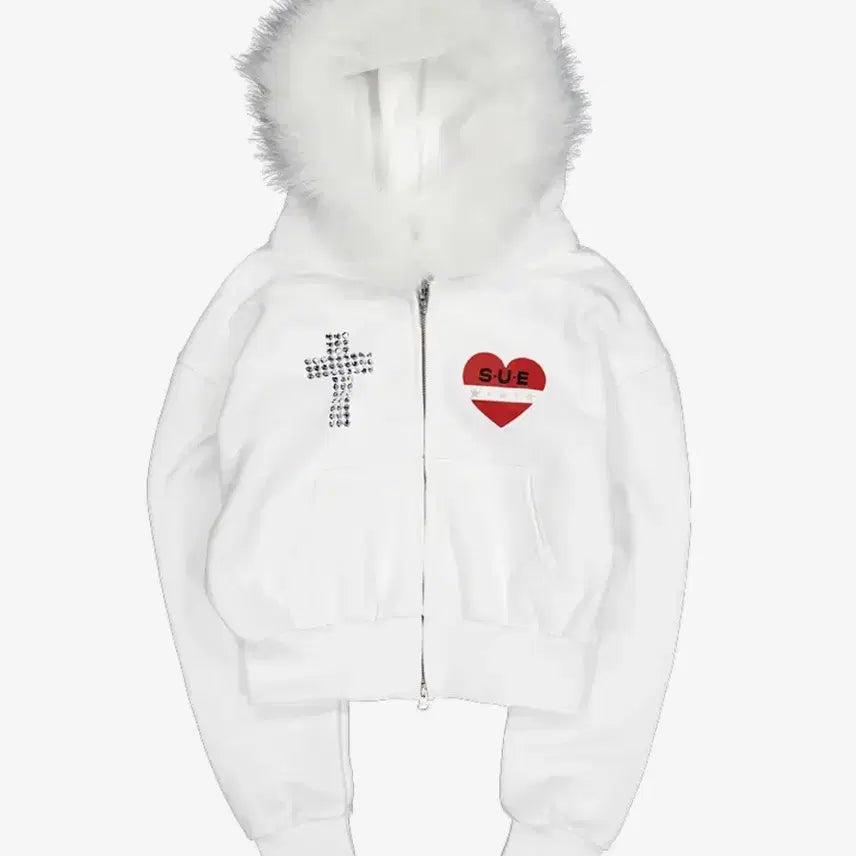 [BUNJANG] SET UP EXE White Faux Fur Hoodie Cross Embroidery / 셋업이엑스이 화이트 퍼 후드 집업 십자가 자수