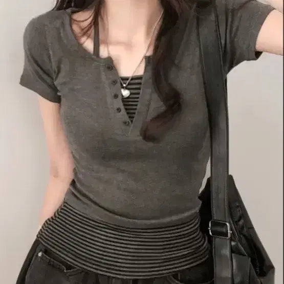 [BUNJANG] Y2k Striped Cami Top & Short Sleeve Shirt Set / Y2k 스트라이프 나시 반팔