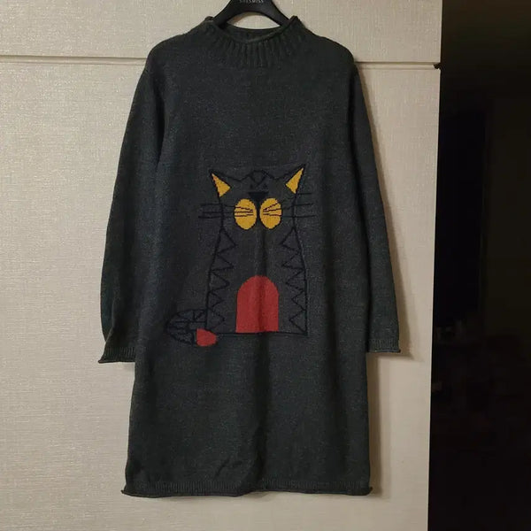 [BUNJANG] Vintage Cat Embroidery Long Sleeve Knit Dress with Elbow Patches / 빈티지 고양이 자수 긴팔 니트 원피스 엘보우 패치 모리걸 하구미 레이어드