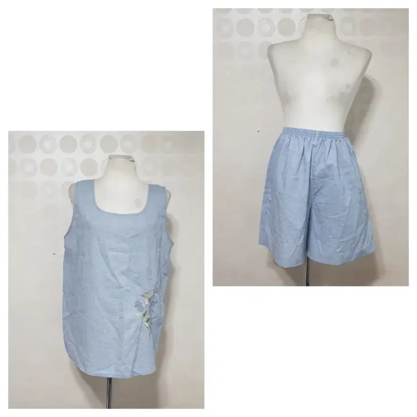 [BUNJANG] Linen Embroidered Pajama Set - Sky Blue / 새것 꽃자수 잠옷세트77 린넨잠옷세트77