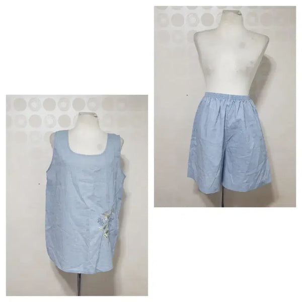[BUNJANG] Linen Embroidered Pajama Set - Sky Blue / 새것 꽃자수 잠옷세트77 린넨잠옷세트77