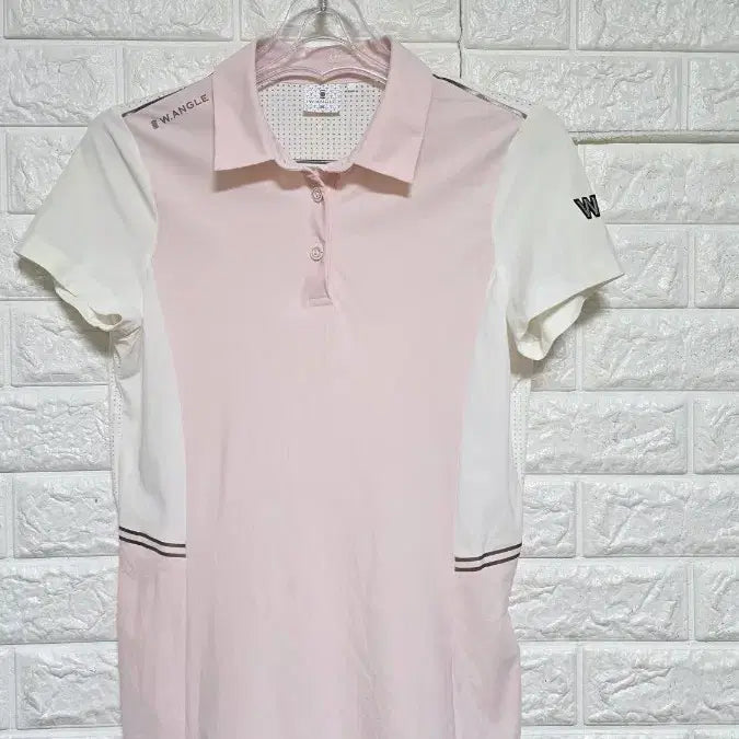 [BUNJANG] W.ANGLE Women's Short Sleeve Collar T-Shirt - Pink/White / W.ANGLE 골프 반팔 카라티 핑크 화이트90