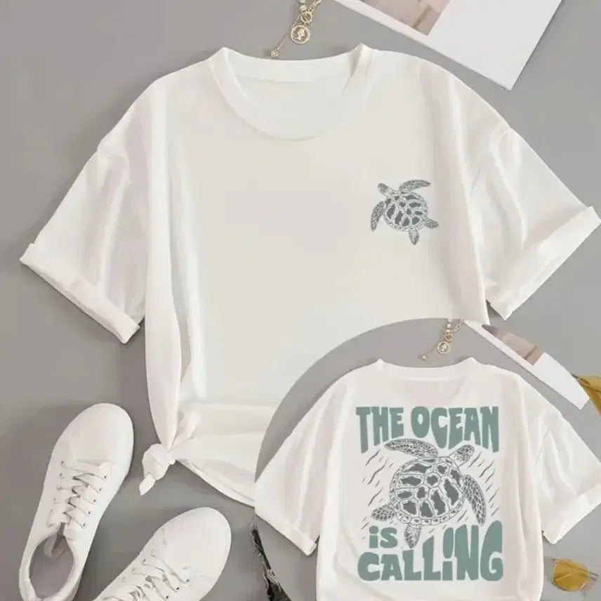 [BUNJANG] White Sea Turtle Graphic T-Shirt / 반팔 티셔츠 화이트 바다거북 프린팅