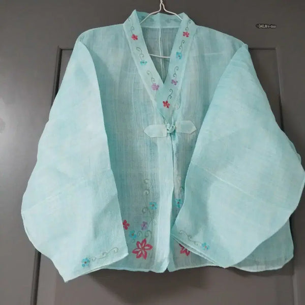 [BUNJANG] Light Blue Floral Embroidered Ramie Hanbok Jacket / 하늘색 꽃자수 모시저고리
