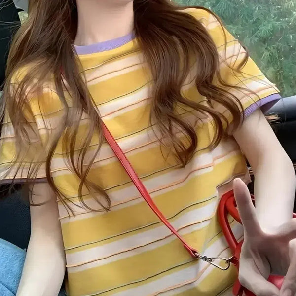[BUNJANG] Striped Short-Sleeve T-Shirt Yellow / 줄무늬 반팔 티셔츠 옐로우