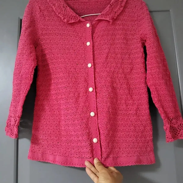 [BUNJANG] Pink Collar Hand-Knit Cardigan / 핑크 카라 손뜨개 가디건