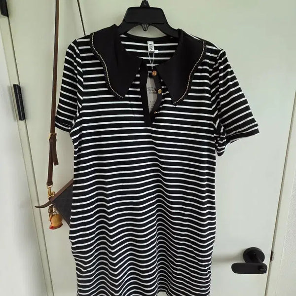 [BUNJANG] Striped Collar Midi Dress / 스트라이프 칼라 원피스