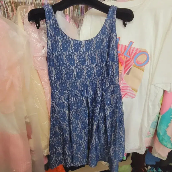 [BUNJANG] Blue Lace Sleeveless Backless Dress / 블루 레이스 민소매 원피스 수입 백리스