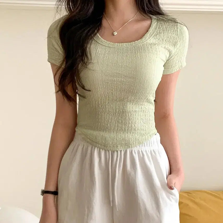 [BUNJANG] Slim Fit Ruched Crop Short Sleeve T-Shirt / 슬림핏 주름 크롭 반팔티