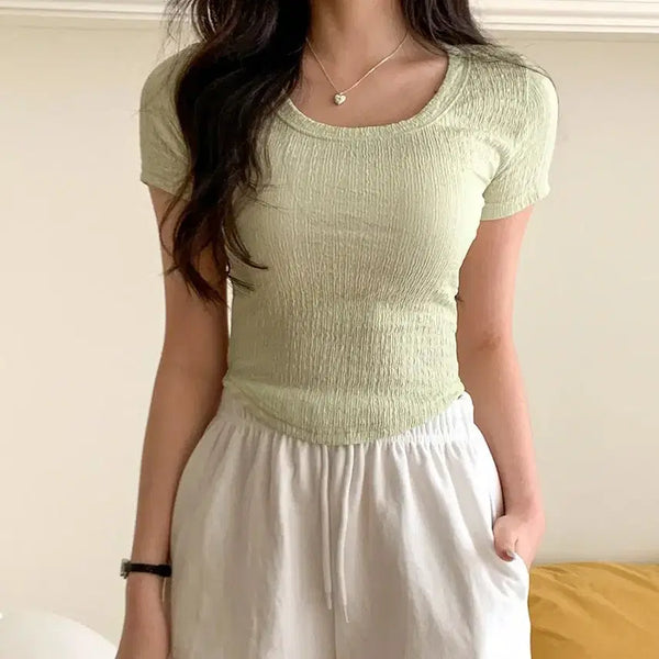 [BUNJANG] Slim Fit Ruched Crop Short Sleeve T-Shirt / 슬림핏 주름 크롭 반팔티