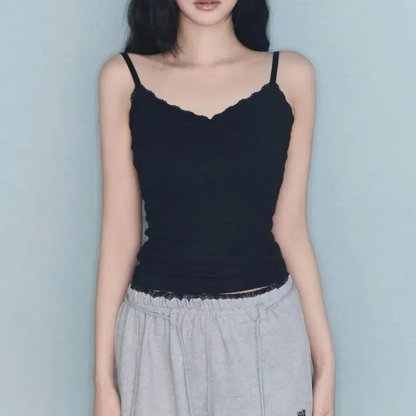 [BUNJANG] Mireco Flower Embossed Sleeveless Black / 미레코 플라워레이스 슬리브리스