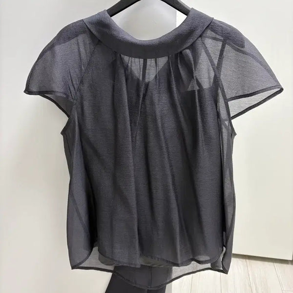 [BUNJANG] It MICHAA Sheer Collar Blouse Gray Size 66 / 잇미샤 롤카라 시어 블라우스(그레이 색상, 66 사이즈)
