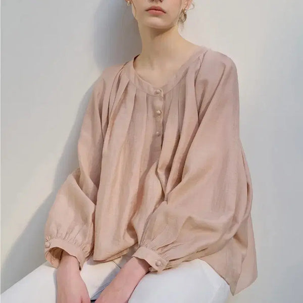 [BUNJANG] Mommet Humming Linen Shirring Blouse - Pink / 모멧 허밍 린넨 셔링 블라우스 핑크