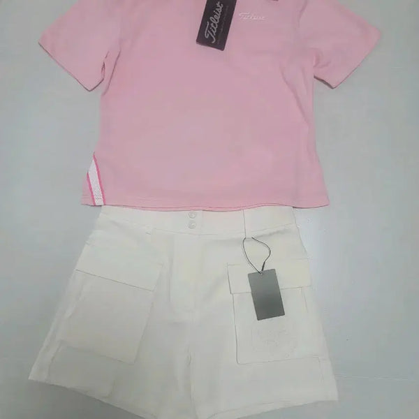 [BUNJANG] Title Pink Golf T-shirt and G/FORE White Golf Shorts Set / 타이틀 반팔티셔츠와 지포어 반바지