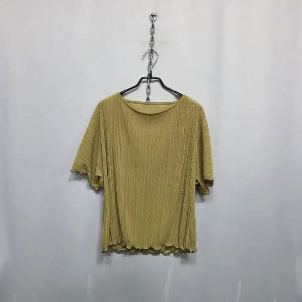[BUNJANG] Pleated Short Sleeve T-Shirt - Mustard Yellow / 플리츠 반팔 티셔츠 겨자색