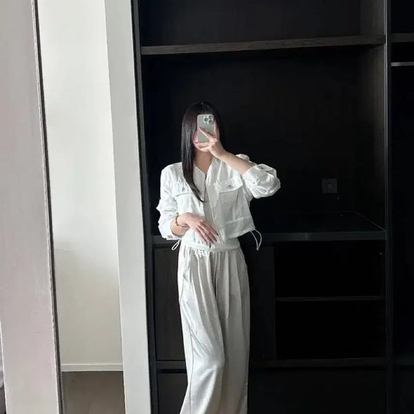 [BUNJANG] Imported Satin Silk Banding Wide Pants - Beige / (새) 수입의류 드민 새틴 실크 밴딩 와이드팬츠 베이지