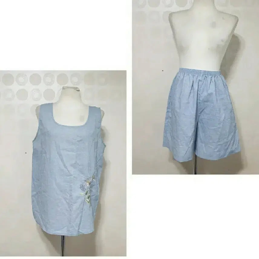 [BUNJANG] Good People Linen Set - Sky Blue, Size 66 / 새것 린넨세트66 린넨반바지66 린넨나시티66 린넨민소매66