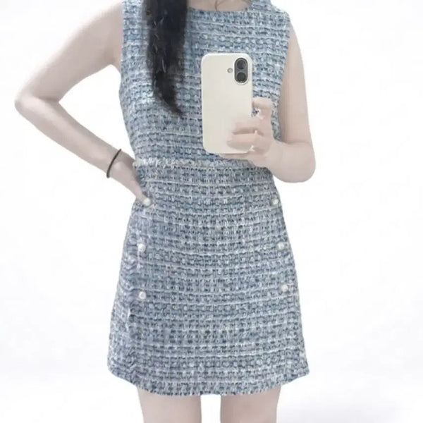 [BUNJANG] Tweed Sleeveless Mini Dress with Pearl Accent - Blue / 트위드 미니 원피스 블루 진주