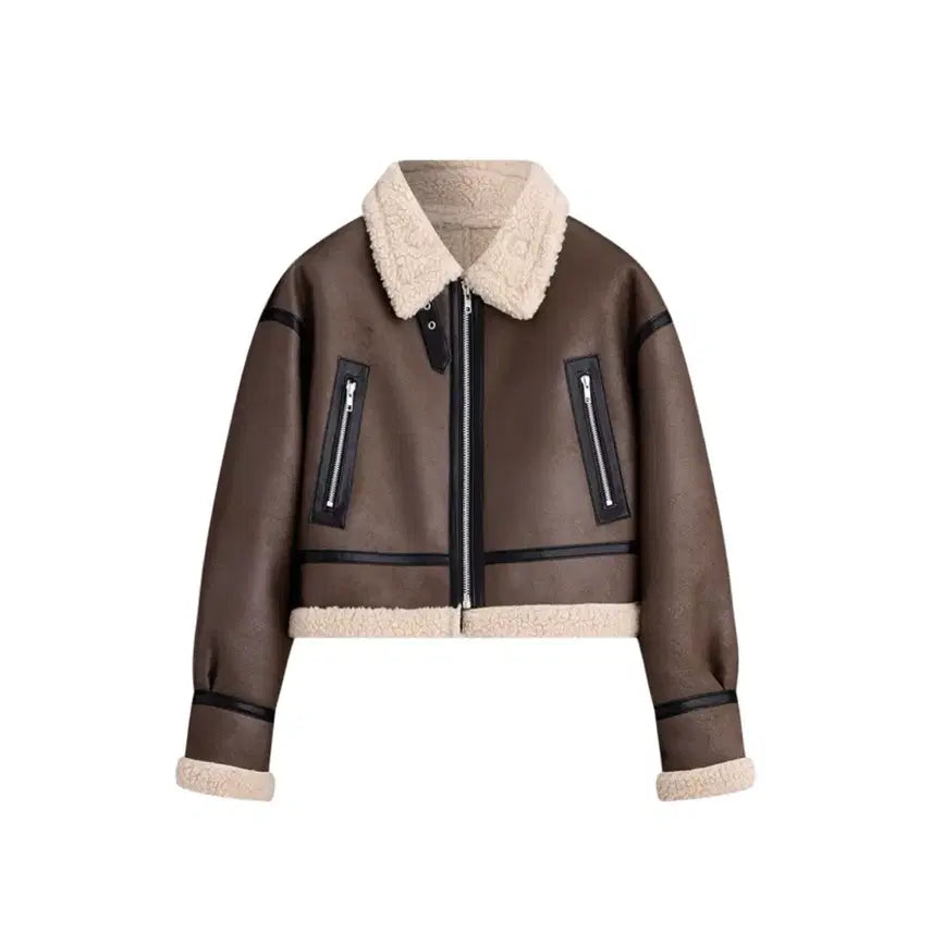 [BUNJANG] Sperone Cropped Neck Buckle Biker Jacket Brown / 스페로네 크롭 무스탕 브라운