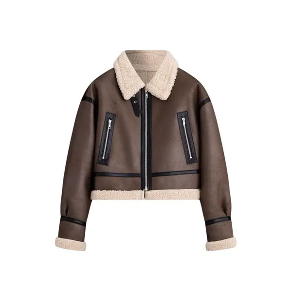 [BUNJANG] Sperone Cropped Neck Buckle Biker Jacket Brown / 스페로네 크롭 무스탕 브라운