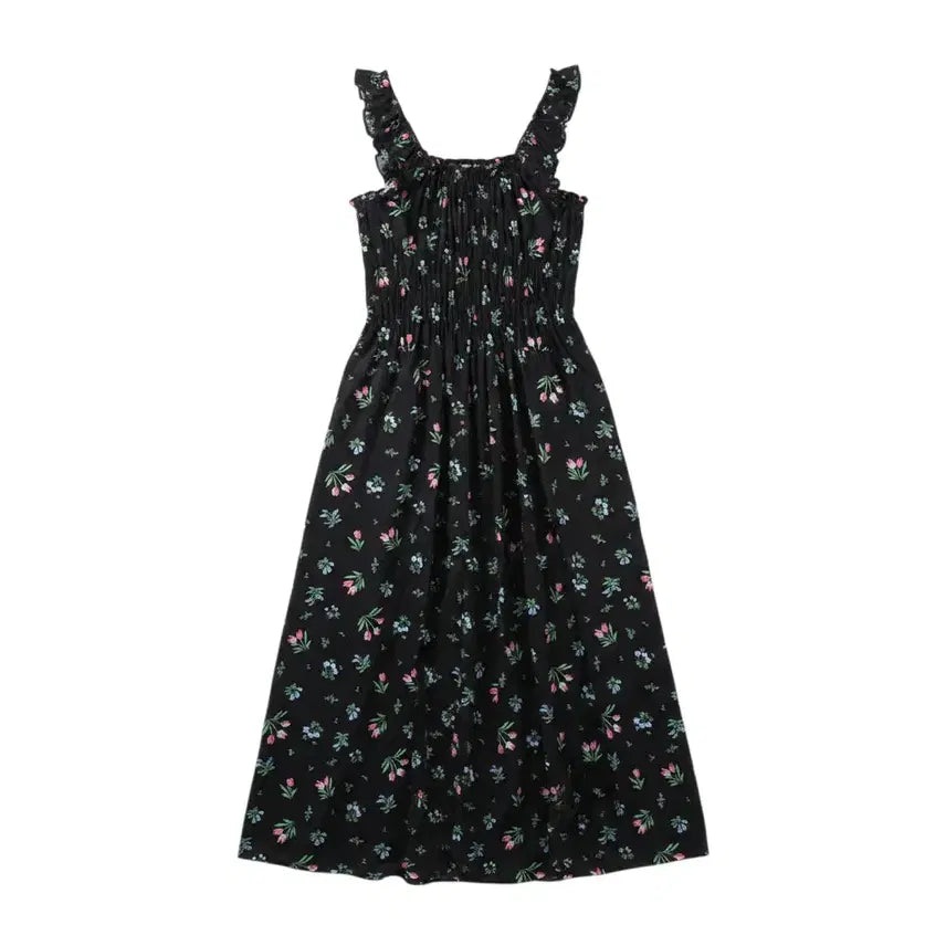 [BUNJANG] Floral Smocked Camisole Maxi Dress Black / 여성F/ 플로럴 밴딩 나시원피스BK 0-20