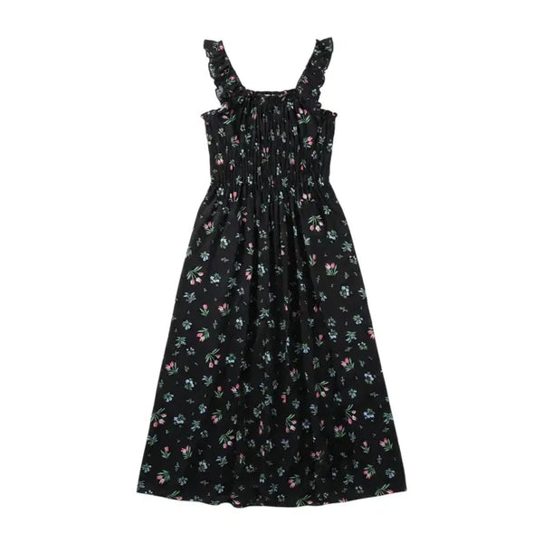 [BUNJANG] Floral Smocked Camisole Maxi Dress Black / 여성F/ 플로럴 밴딩 나시원피스BK 0-20