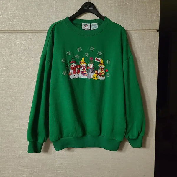 [BUNJANG] Vintage Christmas Snowman Patch Embroidered Long Sleeve Sweatshirt / 빈티지 크리스마스 눈사람 패치 자수 긴팔 맨투맨 티셔츠 모리걸 하구미