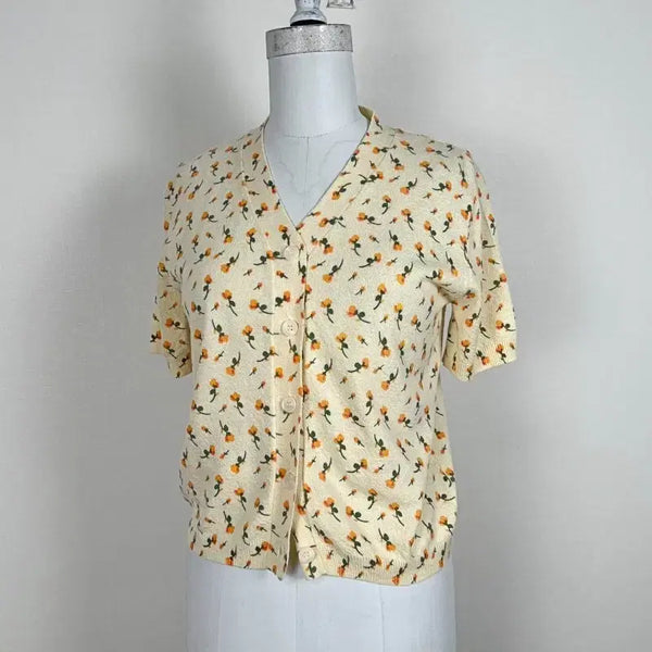 [BUNJANG] 8 Seconds Yellow Flower Knit Short Sleeve Cardigan S / 에잇세컨즈/상태굿 플라워 니트 반팔 가디건 S/라덴