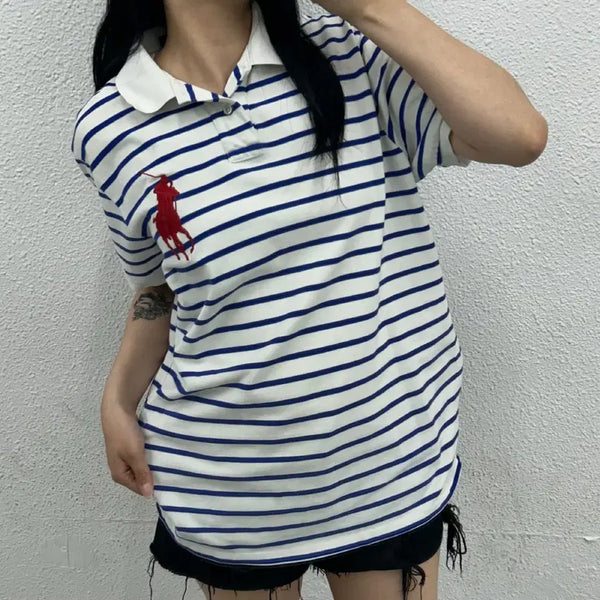 [BUNJANG] Polo Ralph Lauren Big Pony Blue Stripe White Short Sleeve Polo L / 폴로 랄프로렌 빅포니 블루 스트라이프 화이트 pk반팔 L