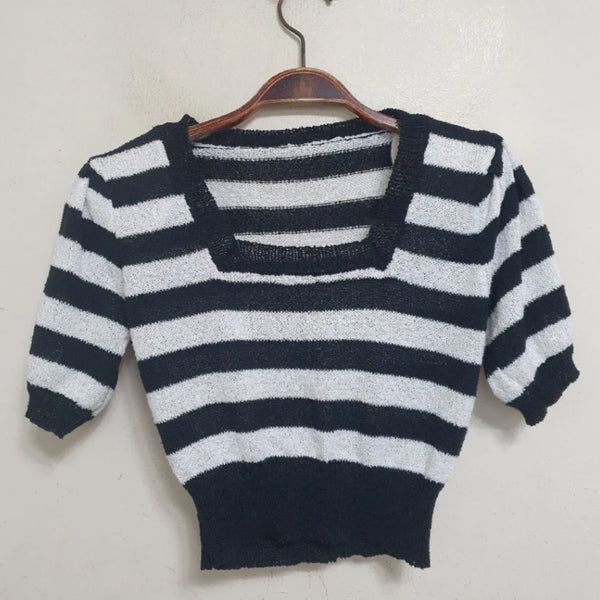 [BUNJANG] Striped Square Neck Crop Short Sleeve Knit Top / 단가라 어깨패드ㅓ 스퀘어넥 크롭 반팔 니트