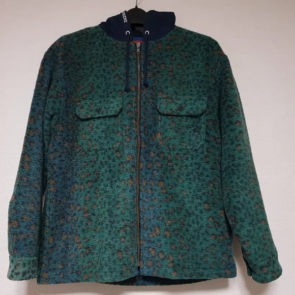 [BUNJANG] Supreme 23FW Leopard Fleece Hooded Shirt Jacket Green / 슈프림 플리스 후드 셔츠 자켓 레오파드 그린 23FW