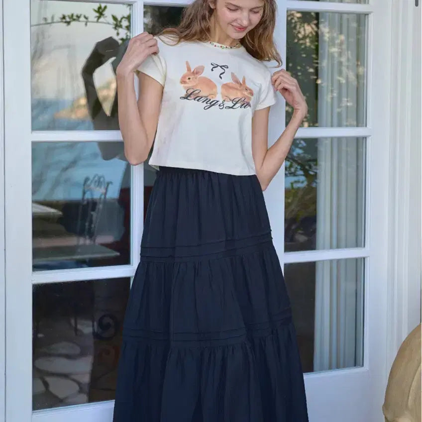 [BUNJANG] RA&RUE Rabbit Printing Short-Sleeve T-Shirt Ivory / 랭앤루 토끼 프린팅 반팔 티셔츠 아이보리