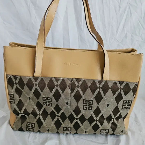 [BUNJANG] Givenchy 4G Logo Argyle Canvas Leather Shoulder Shopper Tote Bag (Large, Rare Vintage) / 지방시 4G 로고 아가일 캔버스 레더 숄더 쇼퍼 토트백  라지 (희귀)