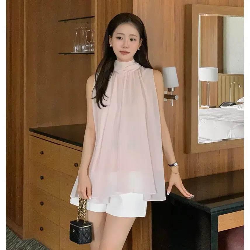[BUNJANG] Daliahotel Daria Highneck Tie Shirring Sleeveless Blouse Pink / 달리호텔 다리아 하이넥 타이 셔링 나시 블라우스 핑크