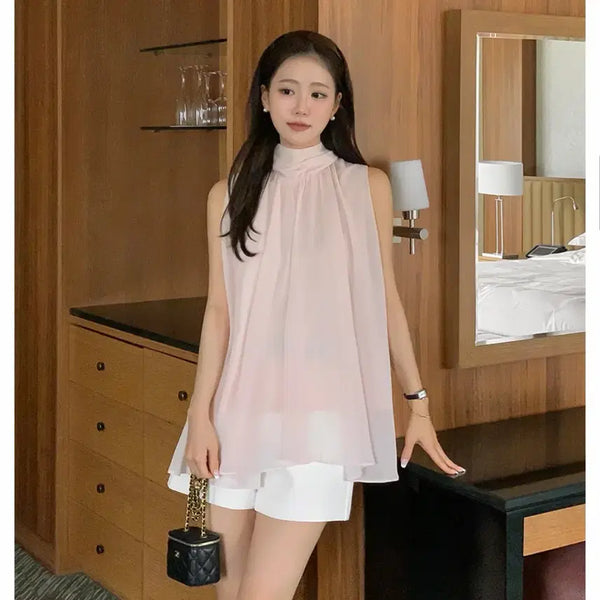 [BUNJANG] Daliahotel Daria Highneck Tie Shirring Sleeveless Blouse Pink / 달리호텔 다리아 하이넥 타이 셔링 나시 블라우스 핑크