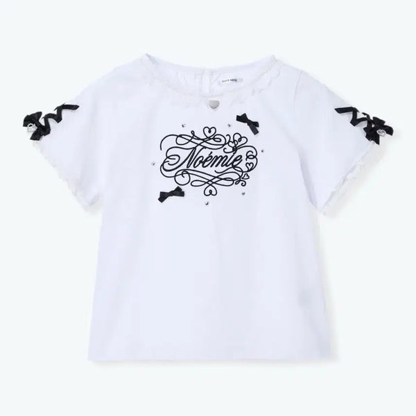 [BUNJANG] Noemie Pearl Ribbon Embroidery Cut-Sew T-Shirt Black / noemie 노에미 메니 펄 리본 자수 티셔츠 컷소우 블랙 양산형 지뢰계 양지뢰 리즈리사 블라우스