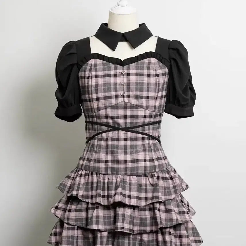[BUNJANG] Pium Cutout Cross Tiered Dress - Pink Check / pium 피움 컷아웃 크로스 티어드 원피스 핑크 체크 스나계 양산형 지뢰