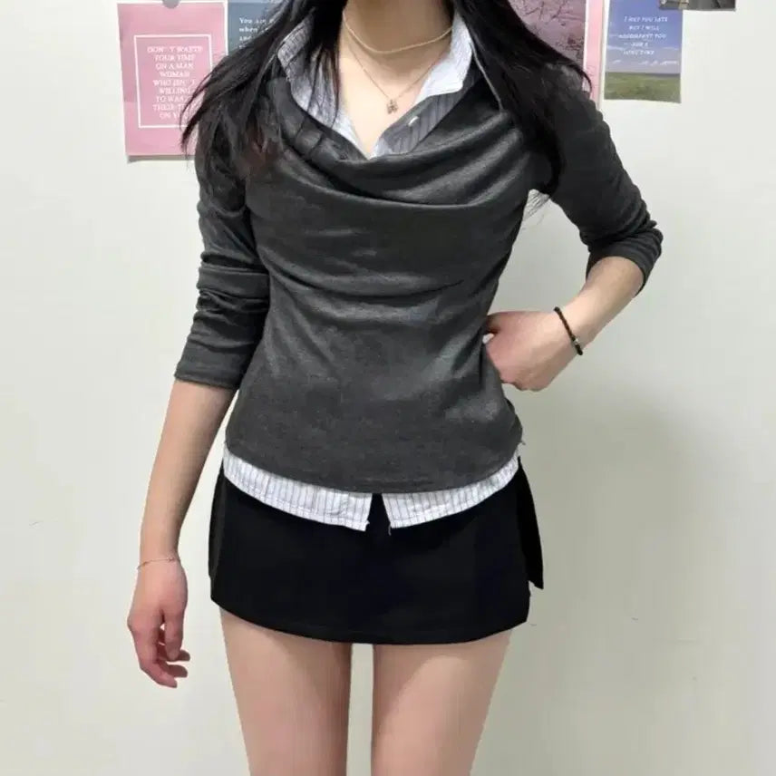 [BUNJANG] Layered Shirring Long Sleeve T-Shirt / 새상품 레이어드 셔츠 셔링 긴팔티