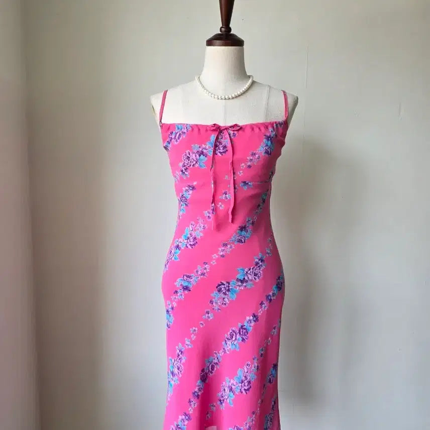 [BUNJANG] Pink Floral Ribbon Strap Dress / 세일)핑크 보라꽃 원피스